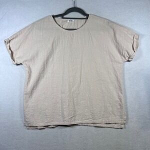 Chigant Womens XL Beige 100% Cotton Textured Short Sleeve Boxy Blouse Coastal